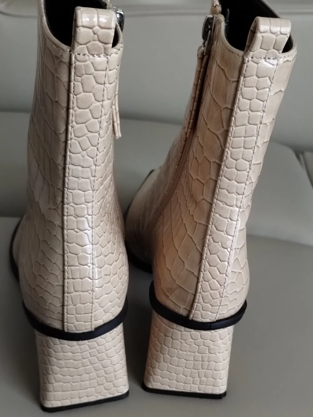 Topshop Cream Croc-Effect Square Toe Ankle Boots